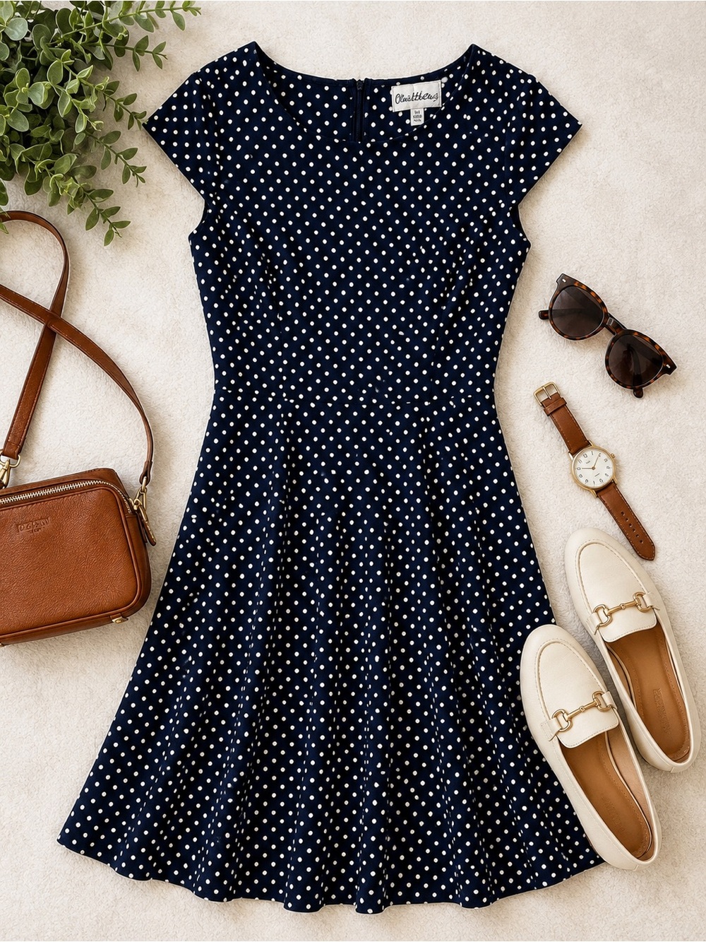 Olivia Matthews Navy and White Polka Dot Midi Dress
